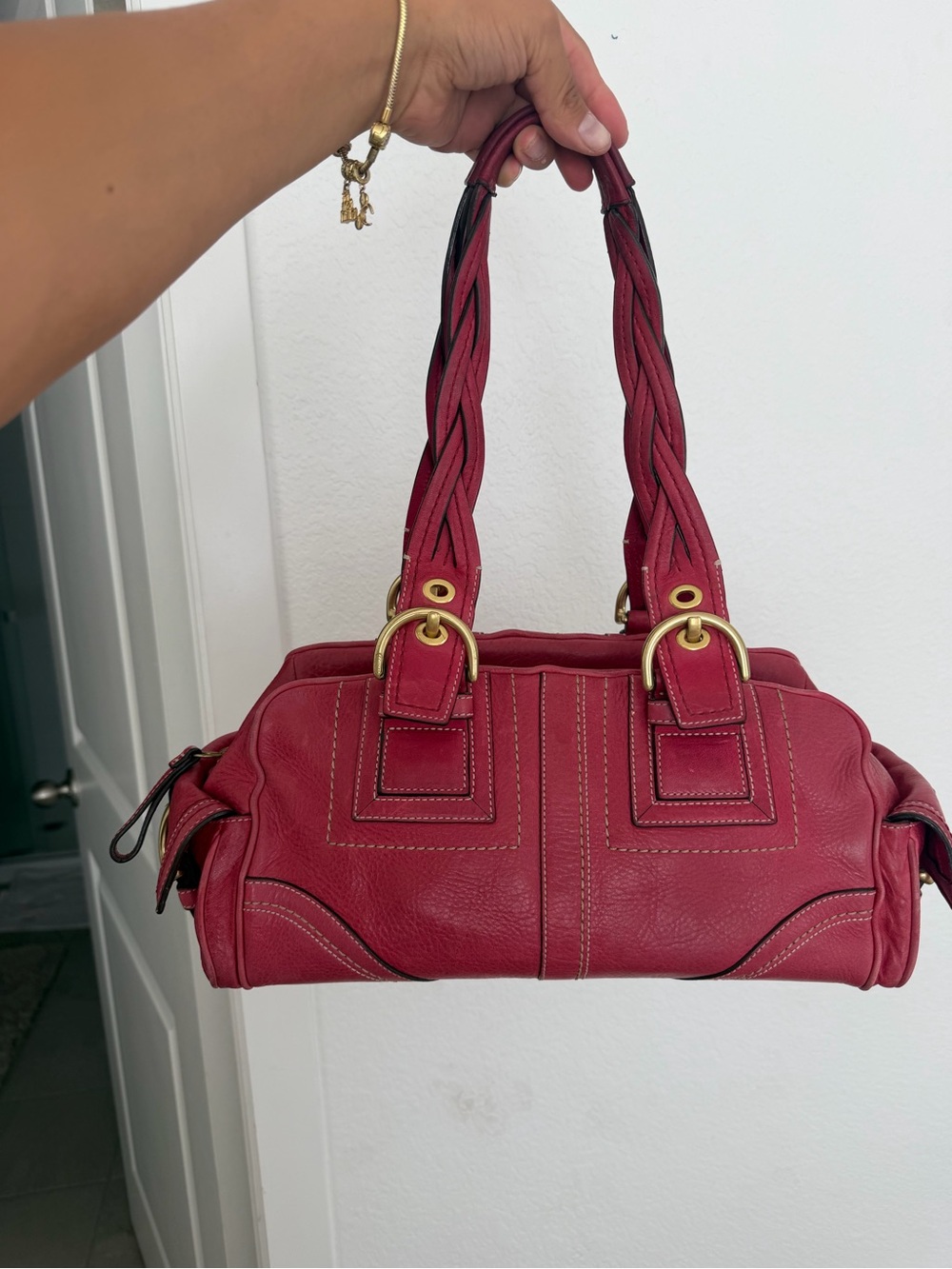 Red coach Leather Braided-Handle Shoulder Bag